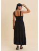 Wide Collar Front Tie Black Long Dress 4823
