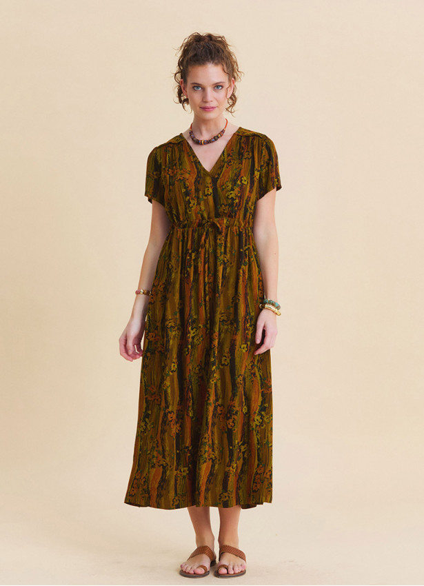 V Neck Slit Front Tie Front Khaki Maxi Dress  4959