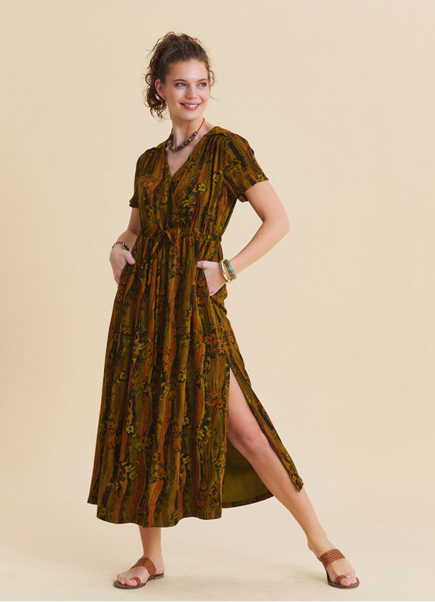 V Neck Slit Front Tie Front Khaki Maxi Dress  4959