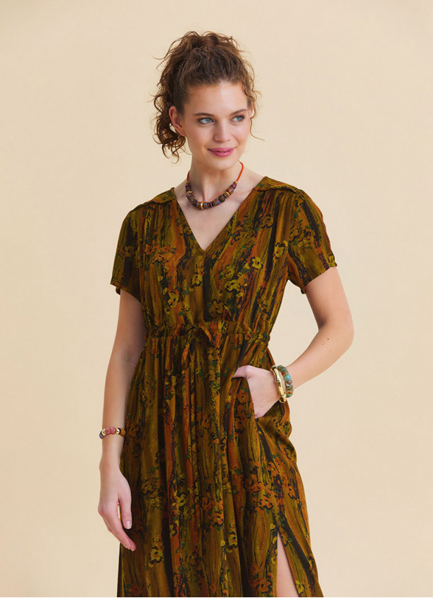 V Neck Slit Front Tie Front Khaki Maxi Dress  4959