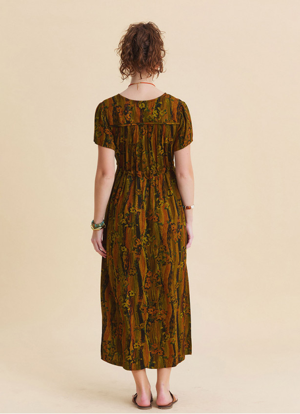 V Neck Slit Front Tie Front Khaki Maxi Dress  4959