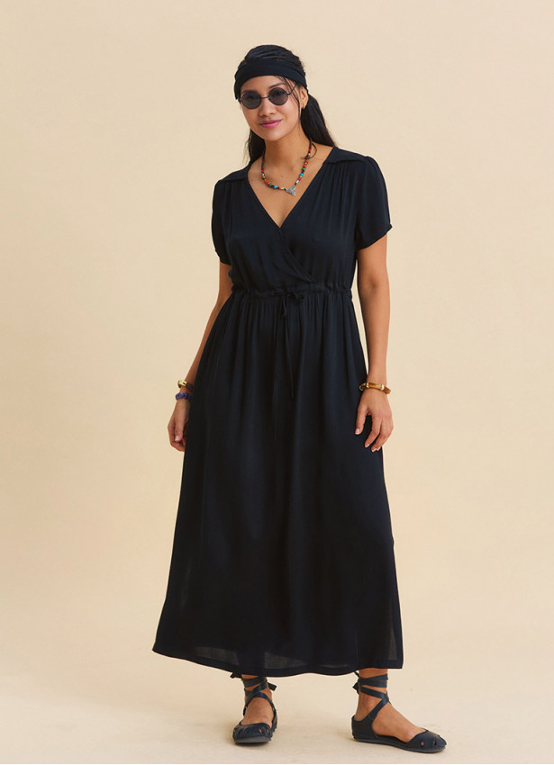 V Neck Slit Front Tie Front Black Summer Dress 4957