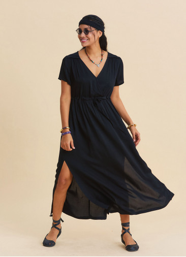 V Neck Slit Front Tie Front Black Summer Dress 4957