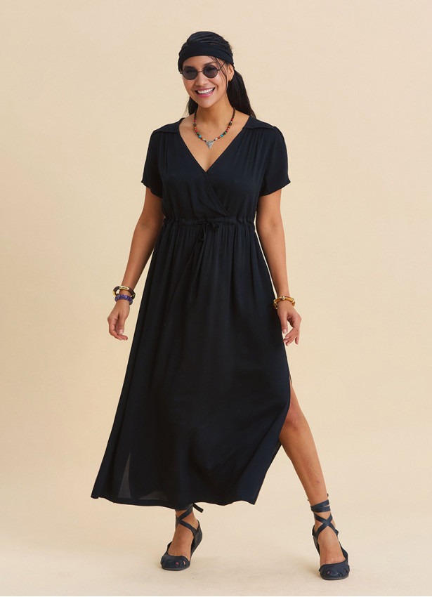 V Neck Slit Front Tie Front Black Summer Dress 4957