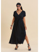 V Neck Slit Front Tie Front Black Summer Dress 4957