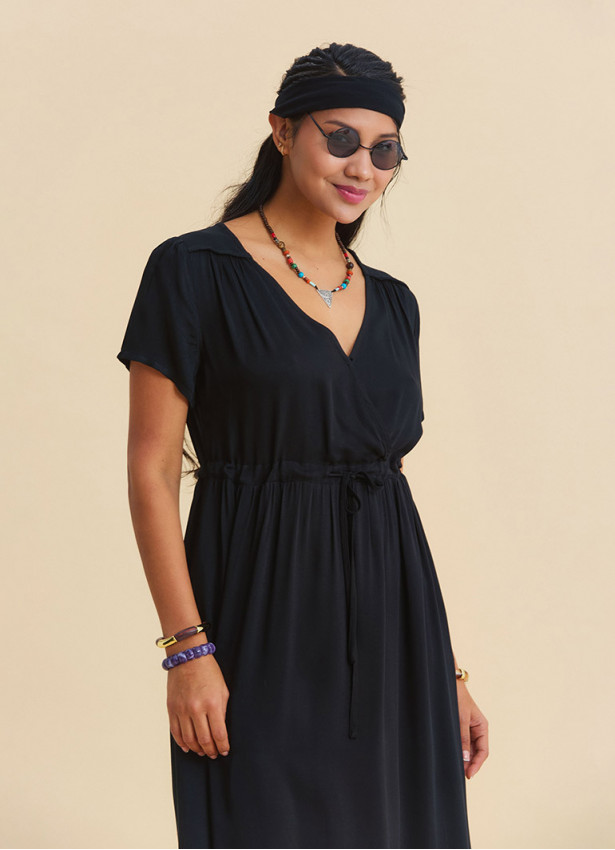 V Neck Slit Front Tie Front Black Summer Dress 4957