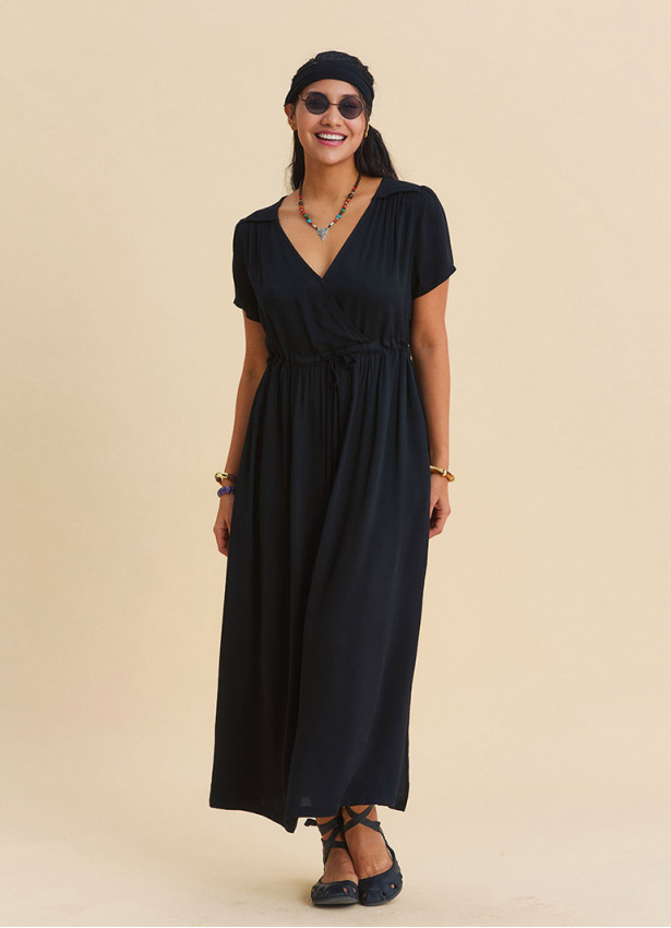V Neck Slit Front Tie Front Black Summer Dress 4957