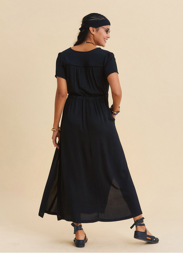 V Neck Slit Front Tie Front Black Summer Dress 4957
