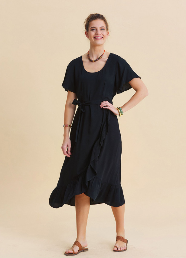 U Neck Double Breasted Ruffled Black Casual Dress 4951