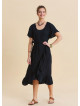 U Neck Double Breasted Ruffled Black Casual Dress 4951