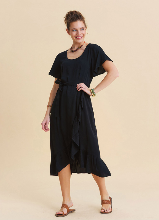 U Neck Double Breasted Ruffled Black Casual Dress 4951