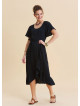 U Neck Double Breasted Ruffled Black Casual Dress 4951