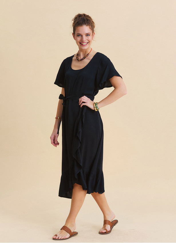 U Neck Double Breasted Ruffled Black Casual Dress 4951
