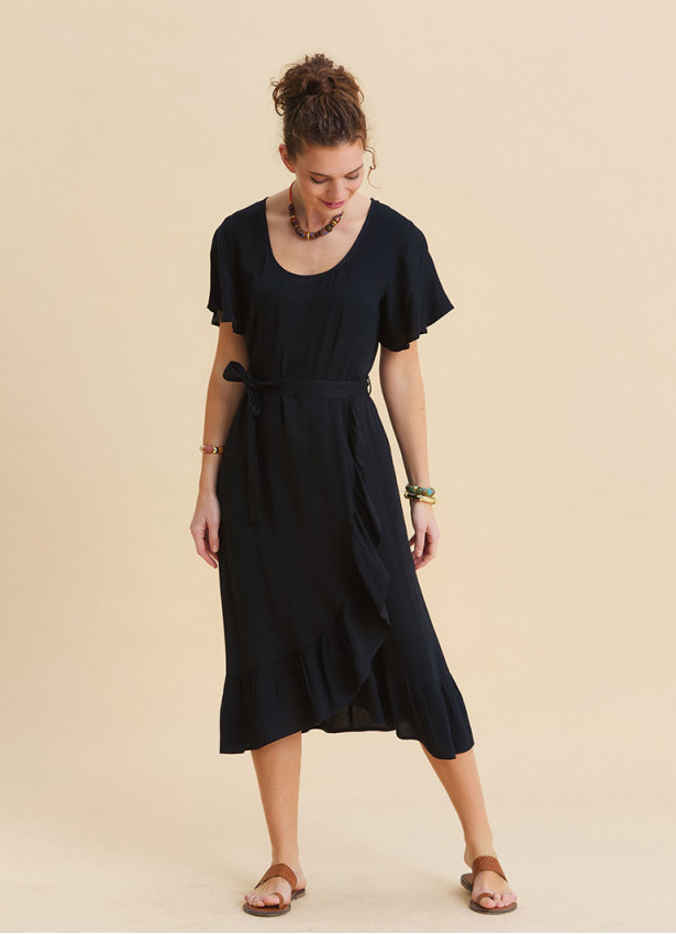 U Neck Double Breasted Ruffled Black Casual Dress 4951