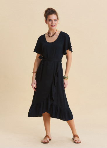 U Neck Double Breasted Ruffled Black Casual Dress 4951
