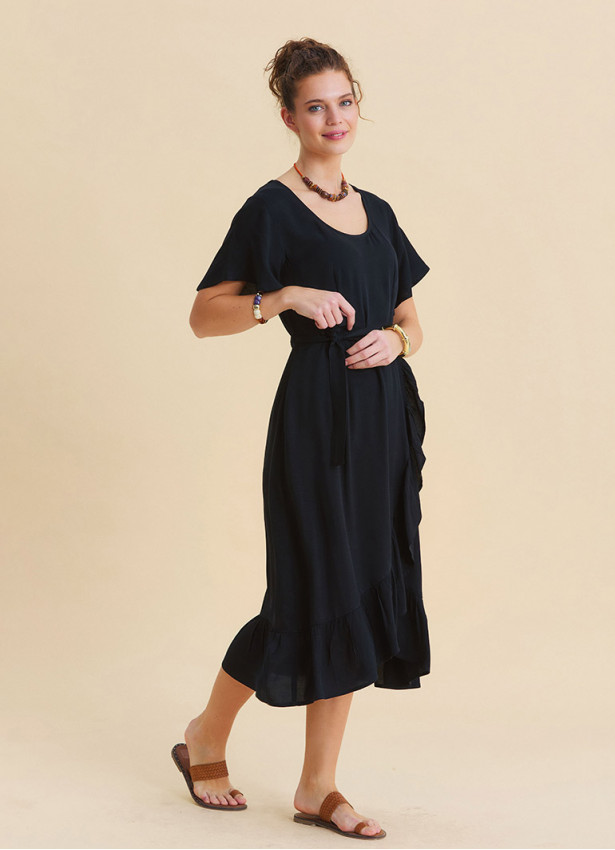 U Neck Double Breasted Ruffled Black Casual Dress 4951