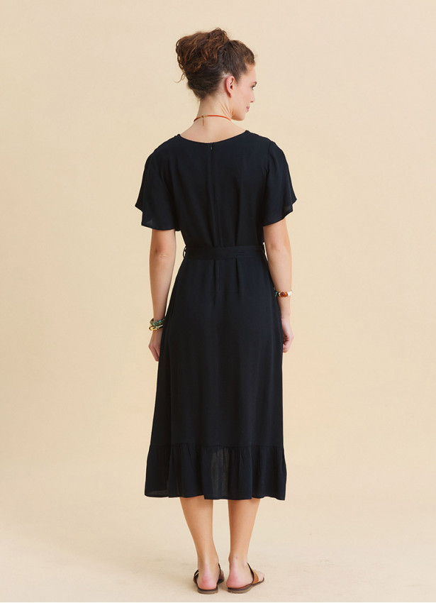 U Neck Double Breasted Ruffled Black Casual Dress 4951