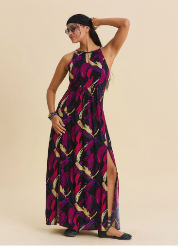 Halter Neck Backless Slit Fuchsia Authentic Dress 4835