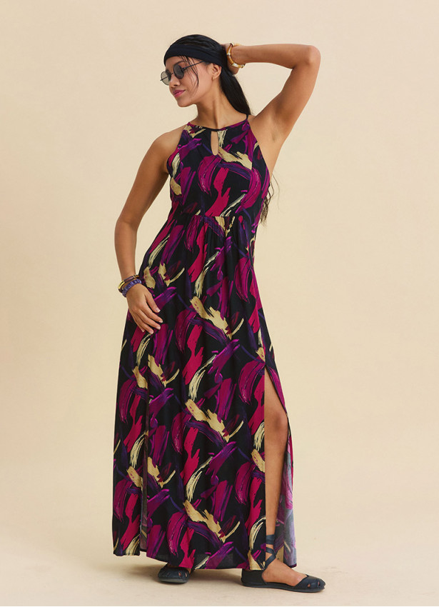 Halter Neck Backless Slit Fuchsia Authentic Dress 4835