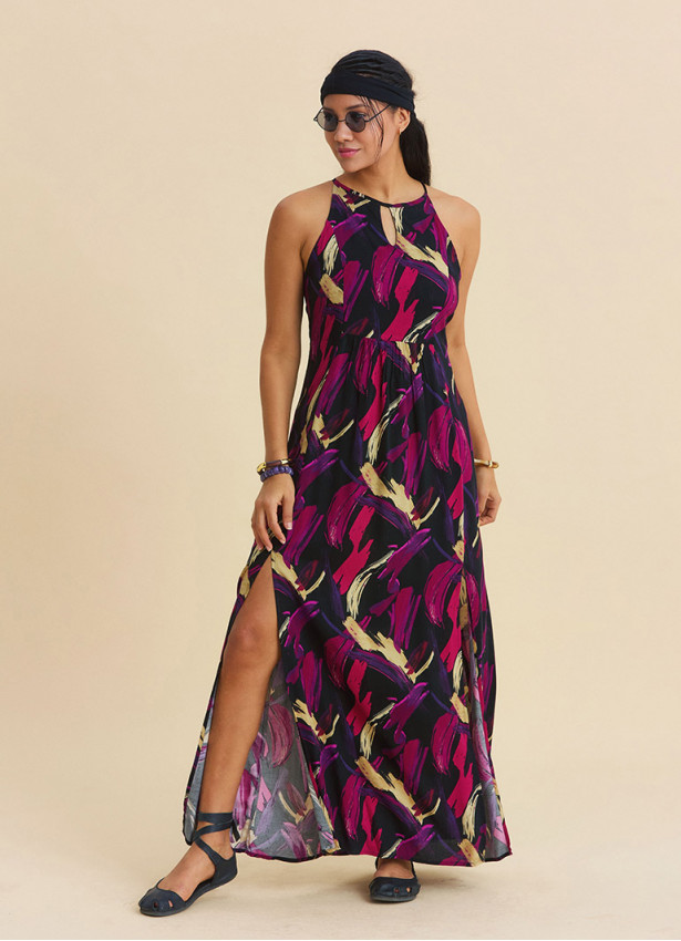 Halter Neck Backless Slit Fuchsia Authentic Dress 4835