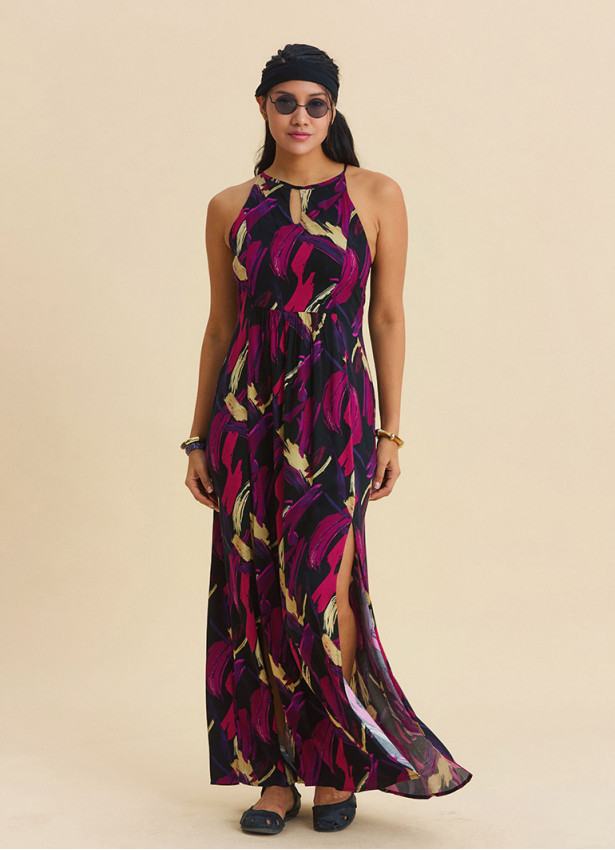 Halter Neck Backless Slit Fuchsia Authentic Dress 4835