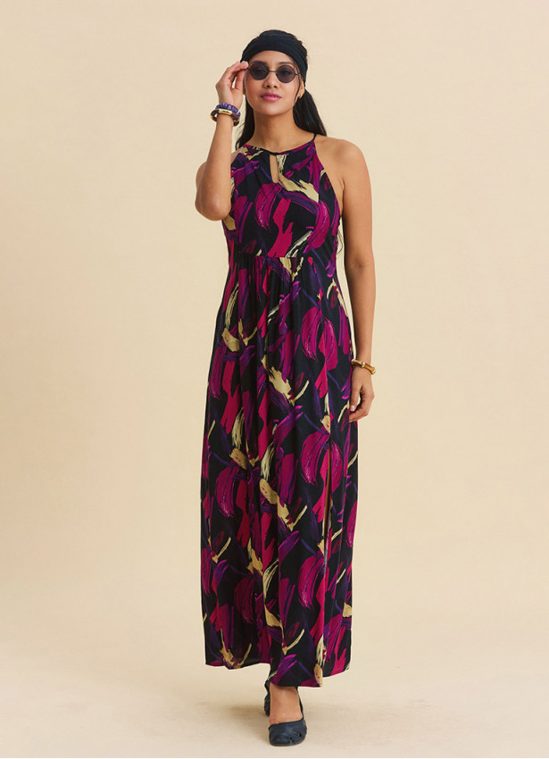 Halter Neck Backless Slit Fuchsia Authentic Dress 4835