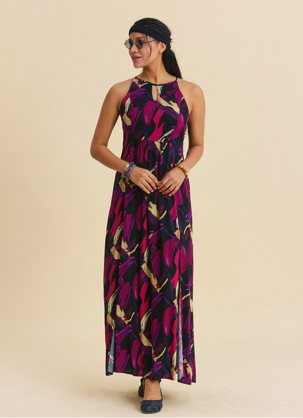 Halter Neck Backless Slit Fuchsia Authentic Dress 4835