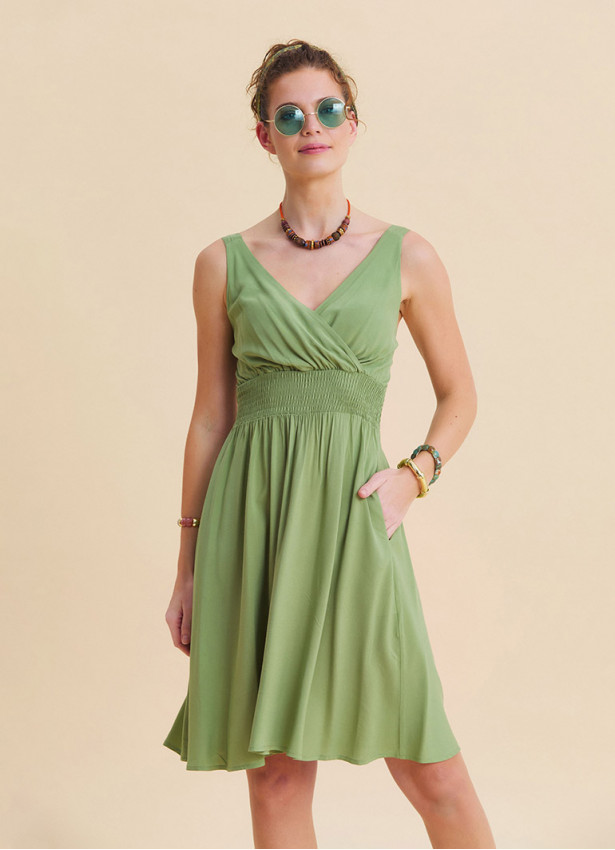 V Neck Strapless Elasticated Waist Green Robe Dress 4833