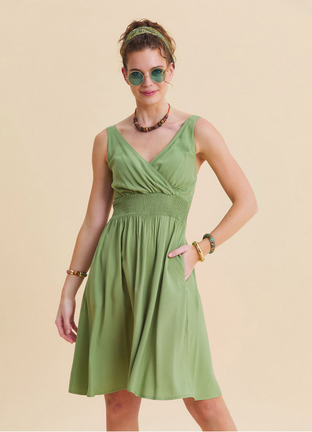 V Neck Strapless Elasticated Waist Green Robe Dress 4833
