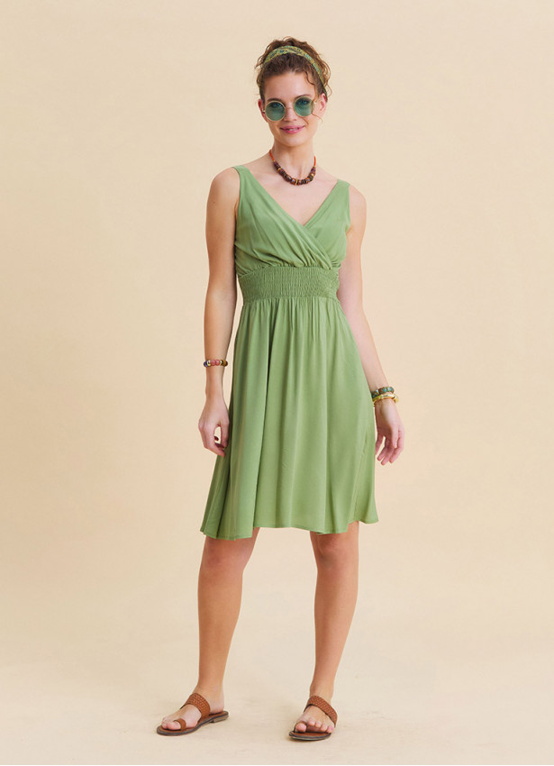 V Neck Strapless Elasticated Waist Green Robe Dress 4833