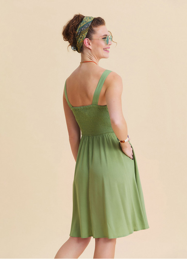 V Neck Strapless Elasticated Waist Green Robe Dress 4833