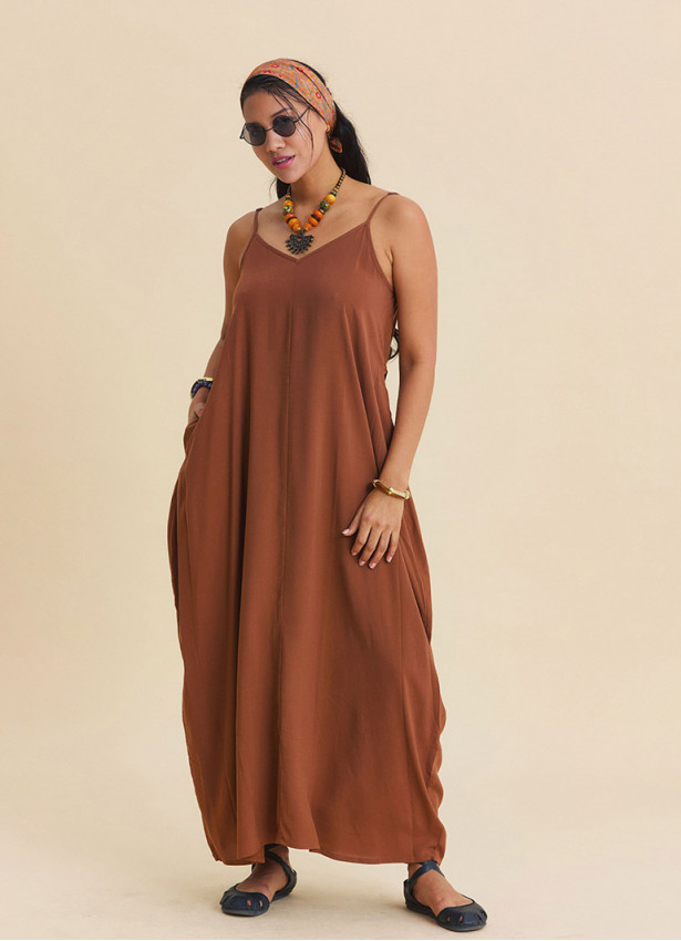 Wide Collar  Thin Straps  Coffee Coloured Everyday Dress 4814