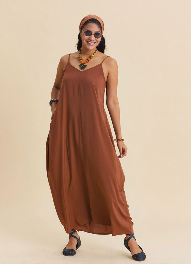 Wide Collar  Thin Straps  Coffee Coloured Everyday Dress 4814