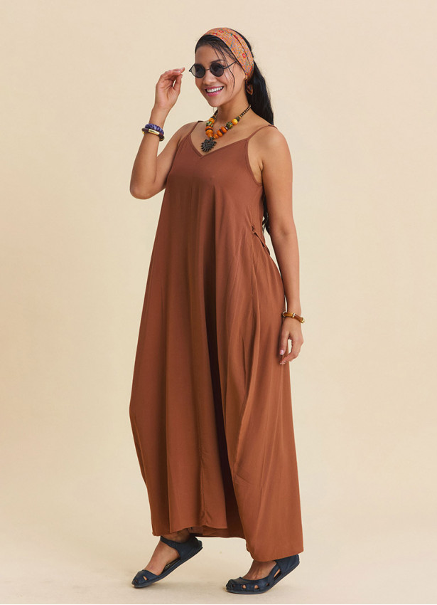 Wide Collar  Thin Straps  Coffee Coloured Everyday Dress 4814