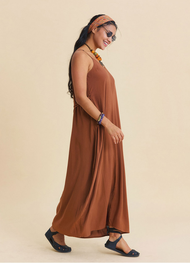 Wide Collar  Thin Straps  Coffee Coloured Everyday Dress 4814