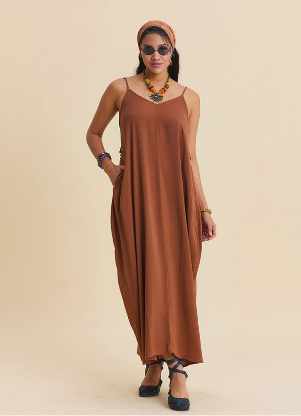 Wide Collar  Thin Straps  Coffee Coloured Everyday Dress 4814