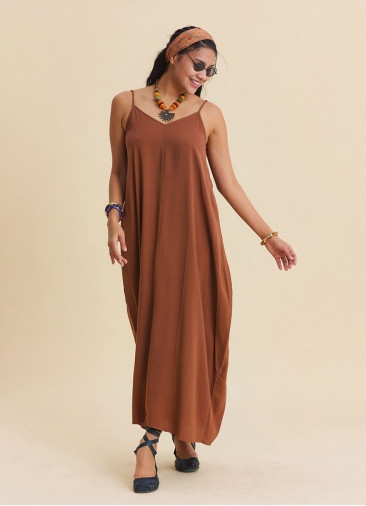 Wide Collar  Thin Straps  Coffee Coloured Everyday Dress 4814