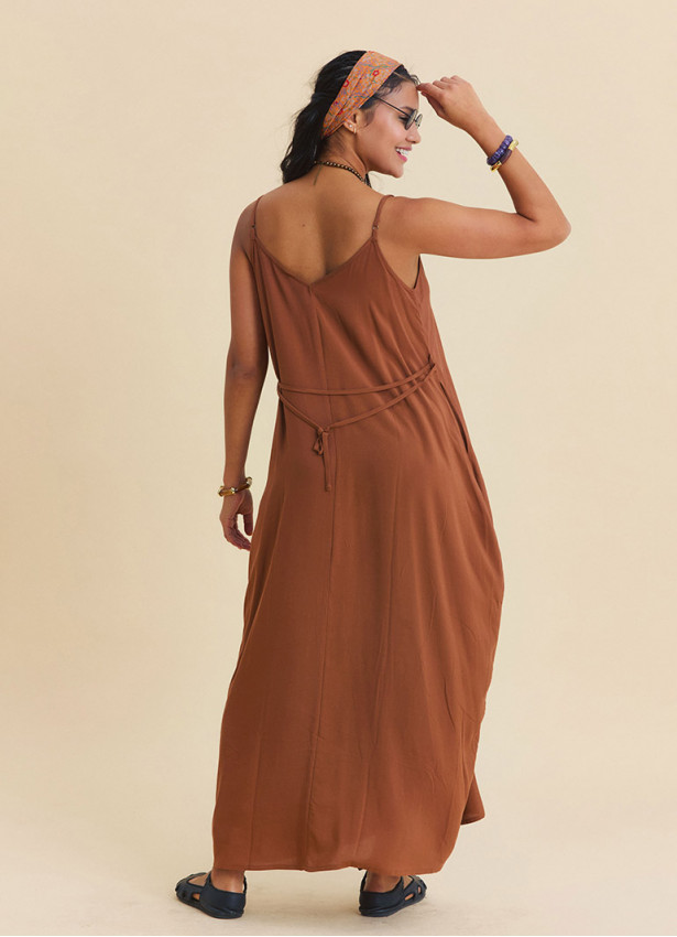 Wide Collar  Thin Straps  Coffee Coloured Everyday Dress 4814