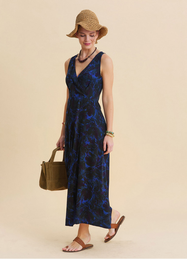 V Neck Slit Blue Floral Dress 4805