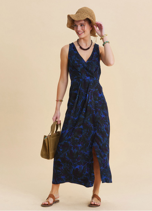 V Neck Slit Blue Floral Dress 4805