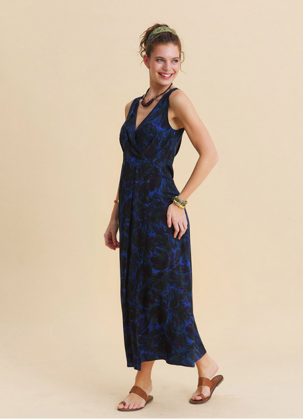 V Neck Slit Blue Floral Dress 4805