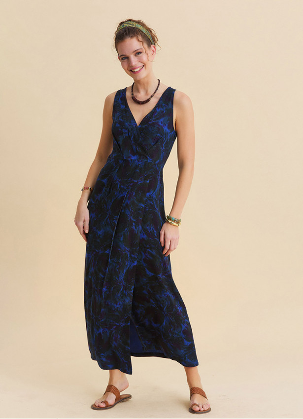 V Neck Slit Blue Floral Dress 4805
