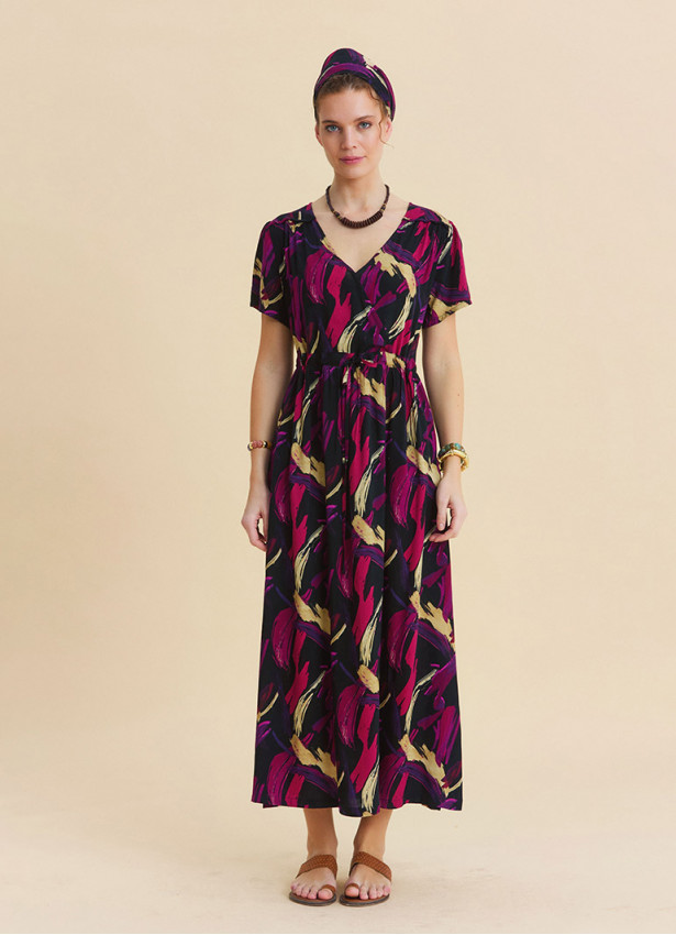 V Neck Slit Dress with Drawstring in Fuchsia  4958