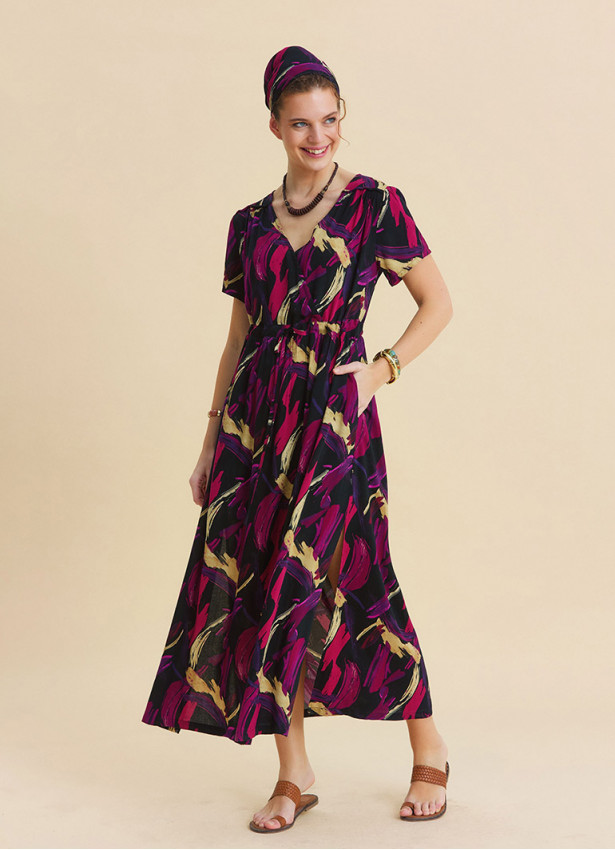 V Neck Slit Dress with Drawstring in Fuchsia  4958