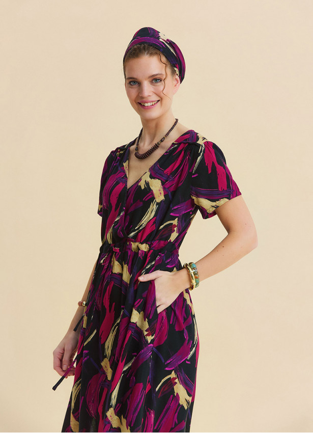 V Neck Slit Dress with Drawstring in Fuchsia  4958