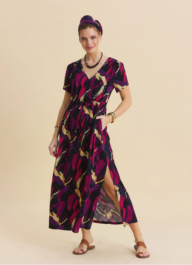 V Neck Slit Dress with Drawstring in Fuchsia  4958