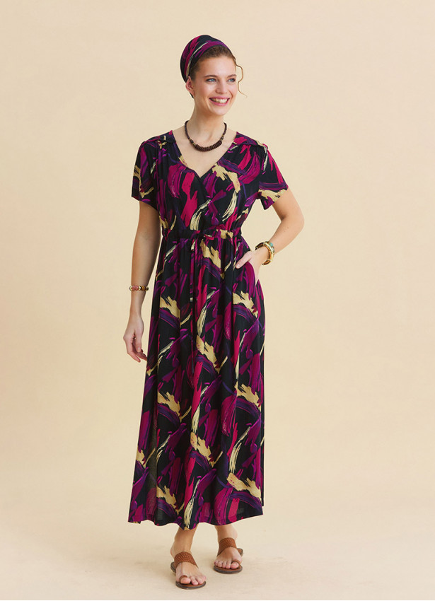 V Neck Slit Dress with Drawstring in Fuchsia  4958