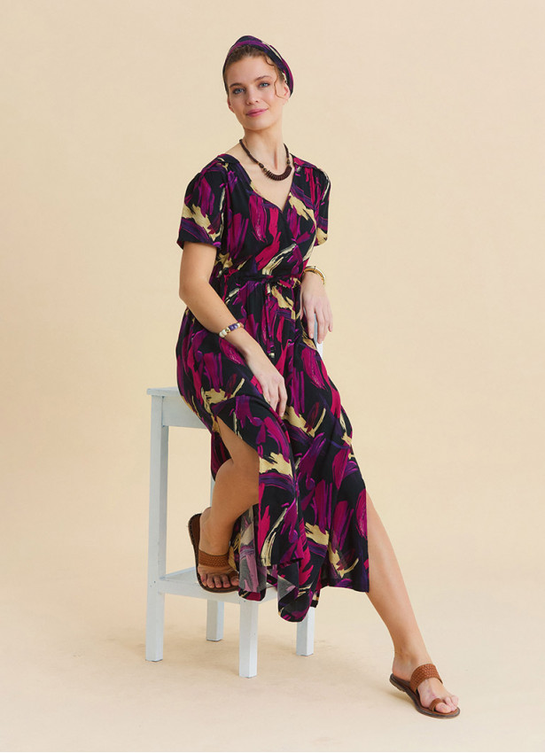 V Neck Slit Dress with Drawstring in Fuchsia  4958