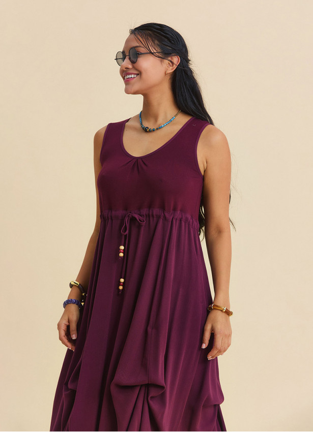 Boat Neck Gathered Detail Burgundy Everyday Dress 4798
