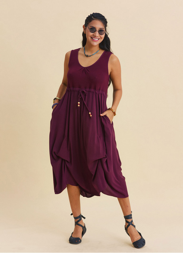 Boat Neck Gathered Detail Burgundy Everyday Dress 4798